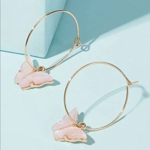 Pink butterfly gold hoops